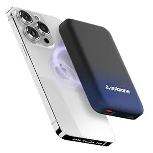 Ambrane Magsafe Wireless 10000Mah Fast Charging USB Type-C Input Power Bank, Strong Magnet, 22.5W Output For iPhone 12 & Above, Android & Other Qi Enabled Devices + Magnetic Ring (Aerosync Snap, Blue)